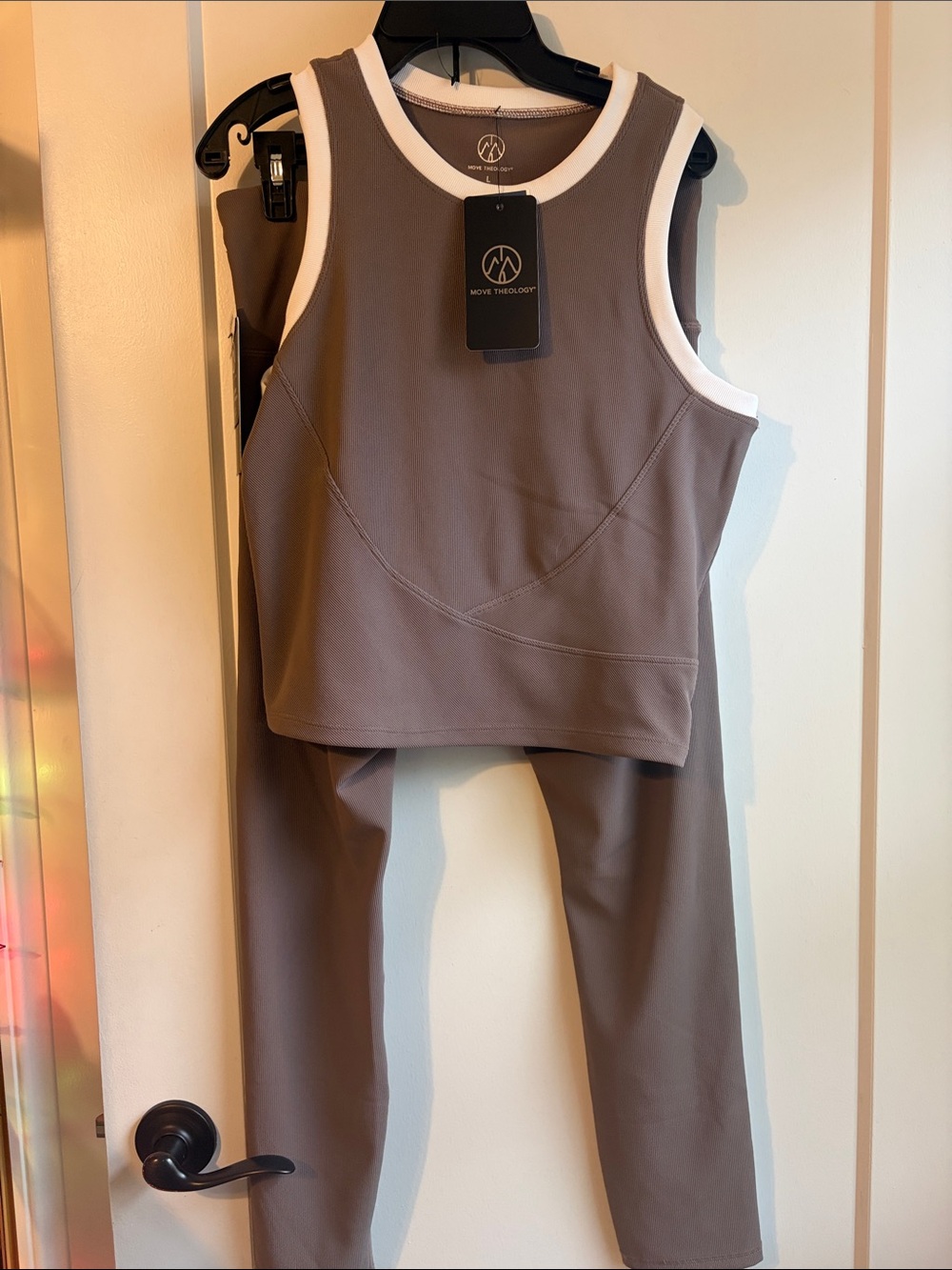 Move Theology Taupe Leggings with White-Trim Tank